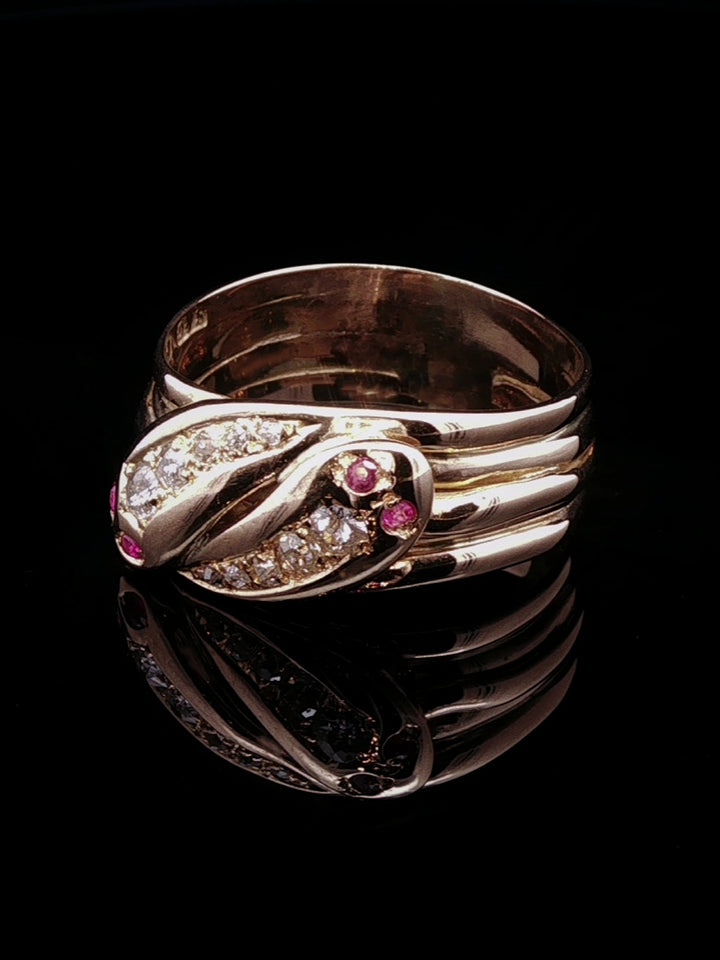 Antique Edwardian 18ct Gold Double Serpent Ruby and Old Cut Diamond Ring, Birmingham 1904