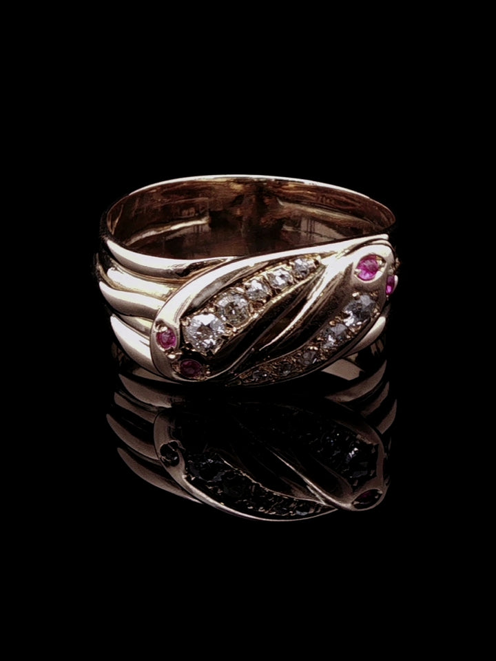 Antique Edwardian 18ct Gold Double Serpent Ruby and Old Cut Diamond Ring, Birmingham 1904
