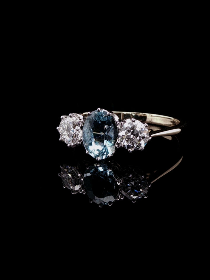 18ct Gold and Platinum 0.93ct Aquamarine and 0.75ct Old Cut Diamond Three Stone Ring