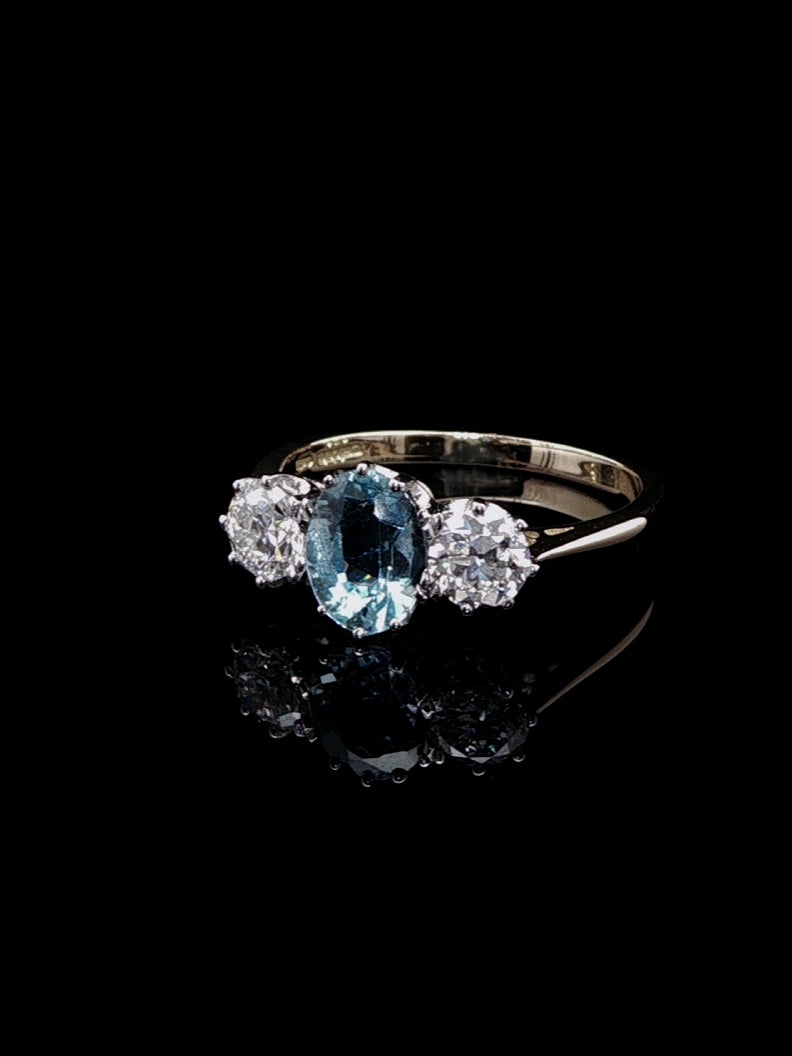 18ct Gold and Platinum 0.93ct Aquamarine and 0.75ct Old Cut Diamond Three Stone Ring