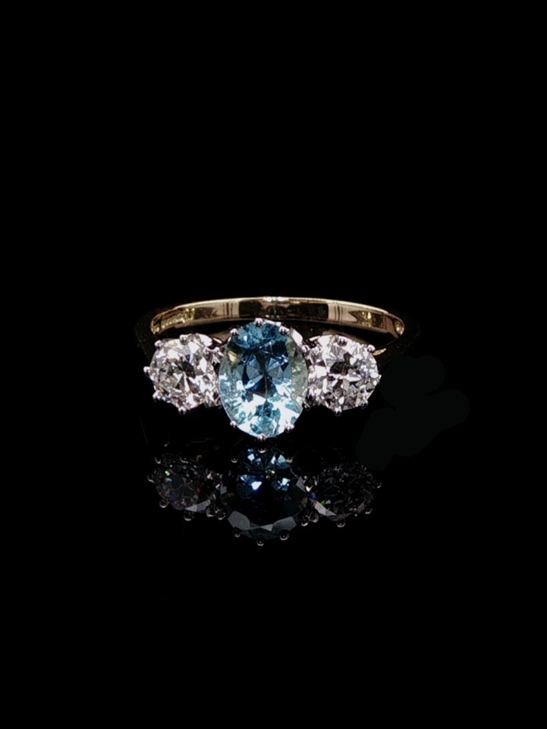 18ct Gold and Platinum 0.93ct Aquamarine and 0.75ct Old Cut Diamond Three Stone Ring