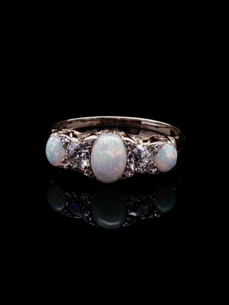 Victorian 18ct Gold Five Stone 1.01ct Opal and 0.45ct Old Cut Diamond Ring, Circa 1890