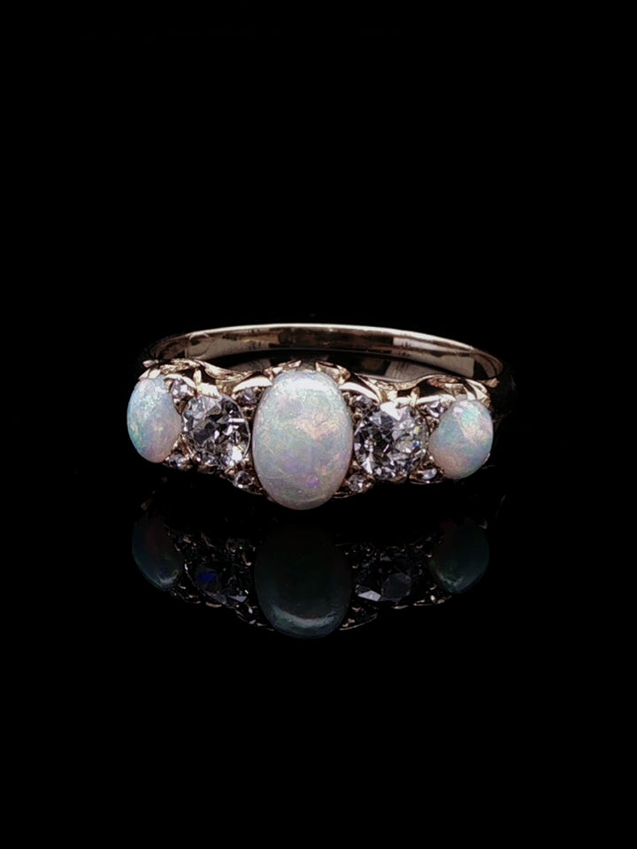 Victorian 18ct Gold Five Stone 1.01ct Opal and 0.45ct Old Cut Diamond Ring, Circa 1890
