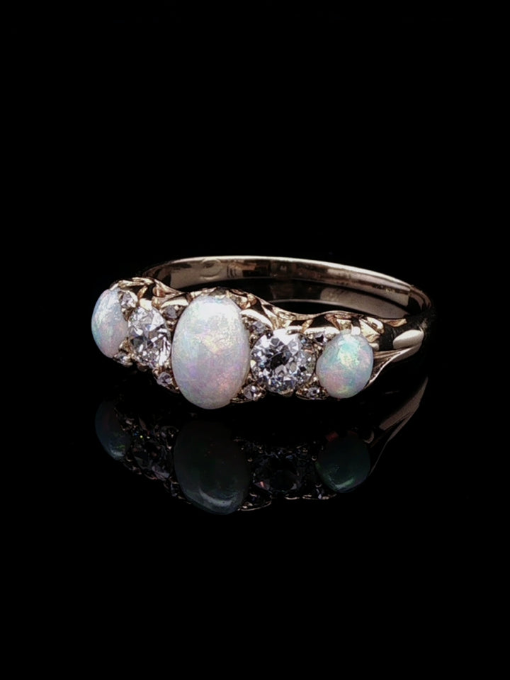 Victorian 18ct Gold Five Stone 1.01ct Opal and 0.45ct Old Cut Diamond Ring, Circa 1890
