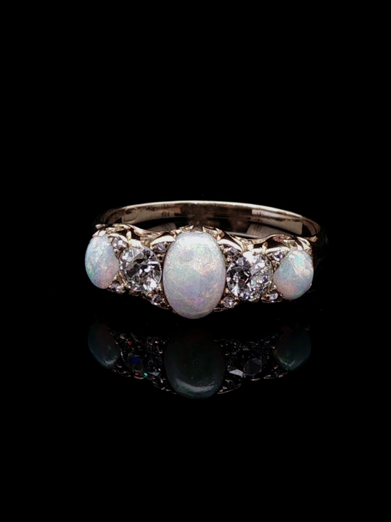 Victorian 18ct Gold Five Stone 1.01ct Opal and 0.45ct Old Cut Diamond Ring, Circa 1890
