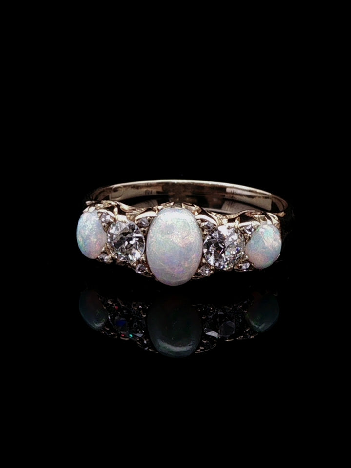 Victorian 18ct Gold Five Stone 1.01ct Opal and 0.45ct Old Cut Diamond Ring, Circa 1890