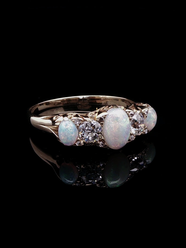 Victorian 18ct Gold Five Stone 1.01ct Opal and 0.45ct Old Cut Diamond Ring, Circa 1890