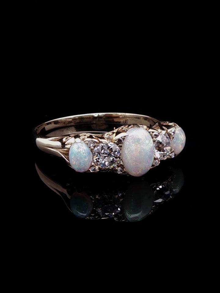 Victorian 18ct Gold Five Stone 1.01ct Opal and 0.45ct Old Cut Diamond Ring, Circa 1890