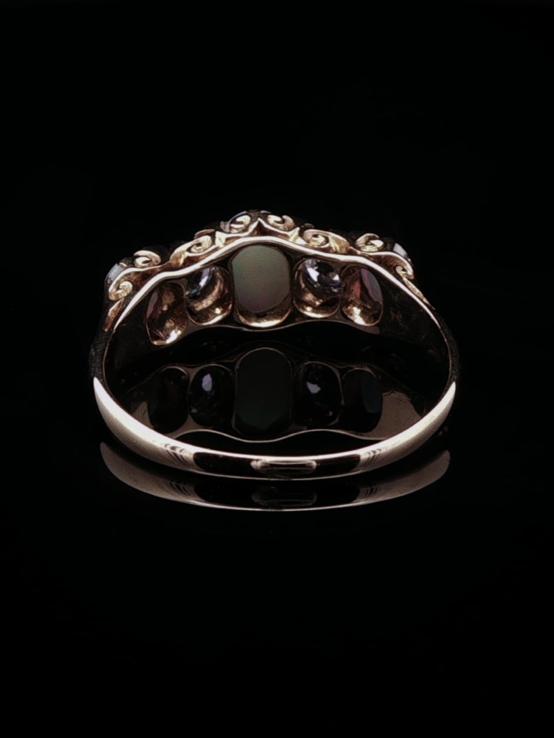 Victorian 18ct Gold Five Stone 1.01ct Opal and 0.45ct Old Cut Diamond Ring, Circa 1890