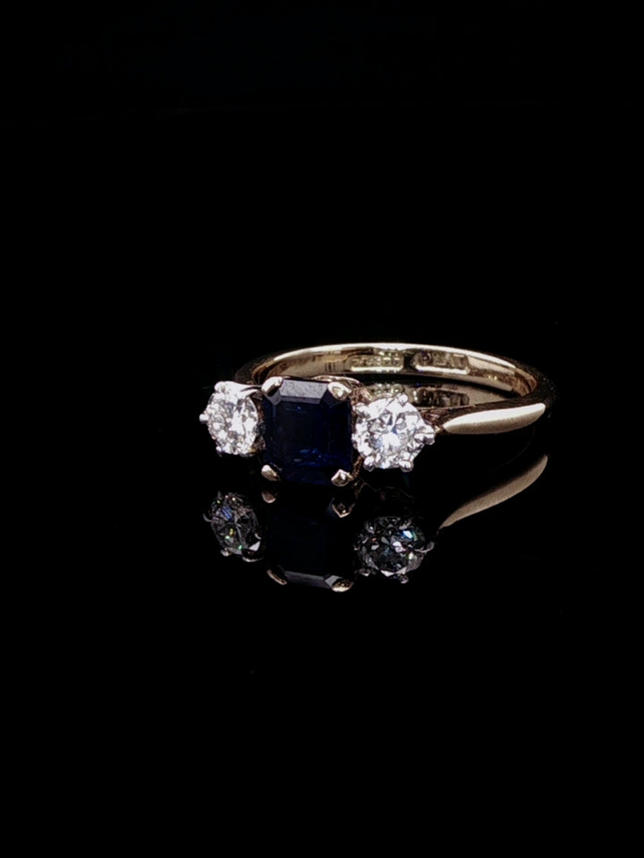 18ct Gold and Platinum 0.77ct Square Cut Sapphire and 0.40ct Diamond Three Stone Ring