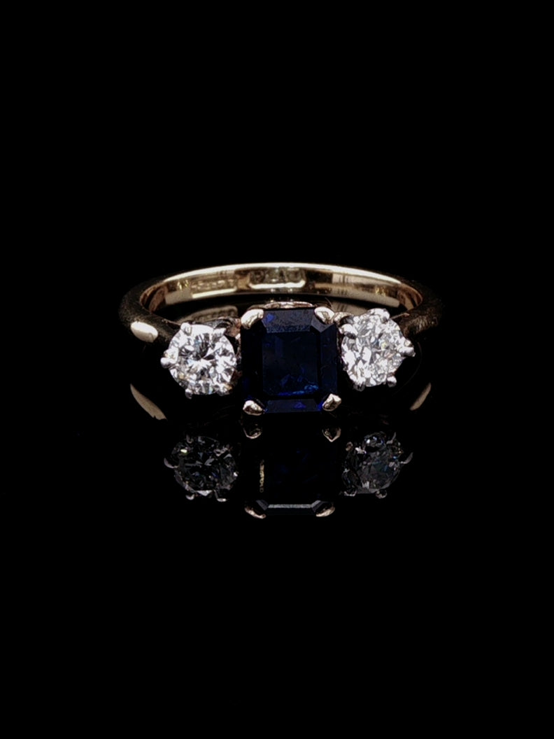 18ct Gold and Platinum 0.77ct Square Cut Sapphire and 0.40ct Diamond Three Stone Ring