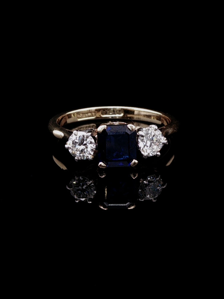 18ct Gold and Platinum 0.77ct Square Cut Sapphire and 0.40ct Diamond Three Stone Ring