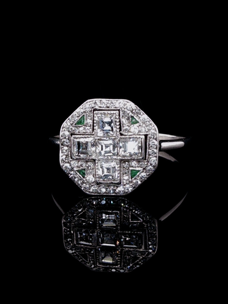 Art Deco Platinum Diamond and Emerald Fancy Cluster Ring, Circa 1925