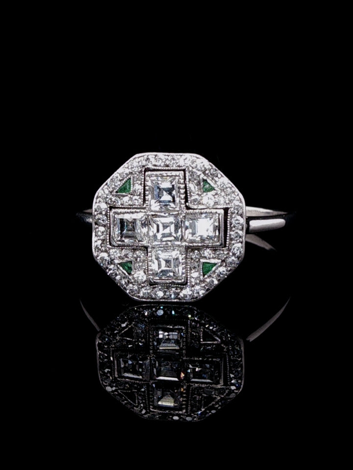 Art Deco Platinum Diamond and Emerald Fancy Cluster Ring, Circa 1925