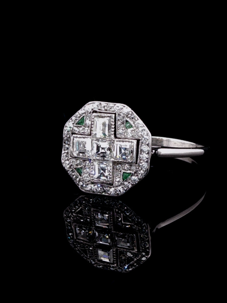 Art Deco Platinum Diamond and Emerald Fancy Cluster Ring, Circa 1925