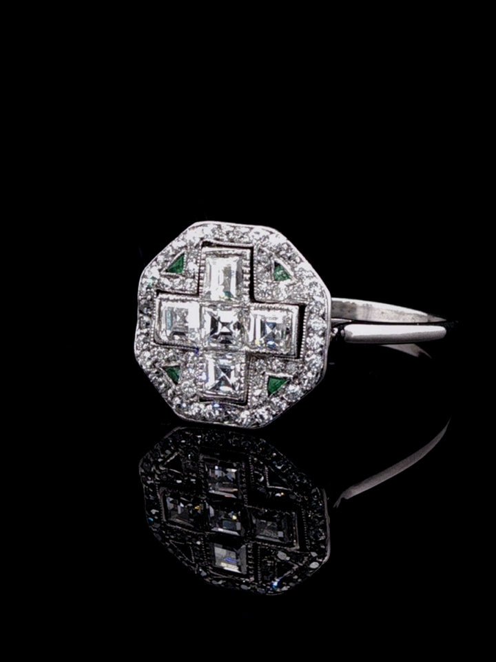 Art Deco Platinum Diamond and Emerald Fancy Cluster Ring, Circa 1925