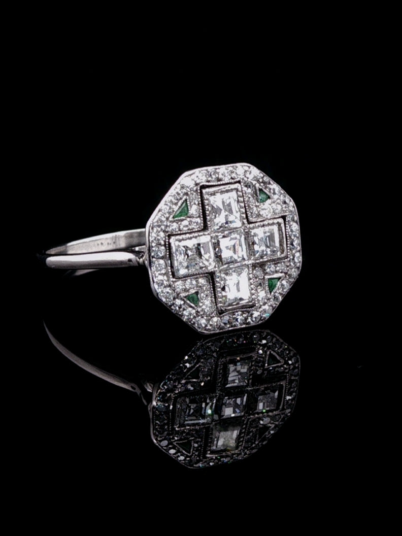 Art Deco Platinum Diamond and Emerald Fancy Cluster Ring, Circa 1925