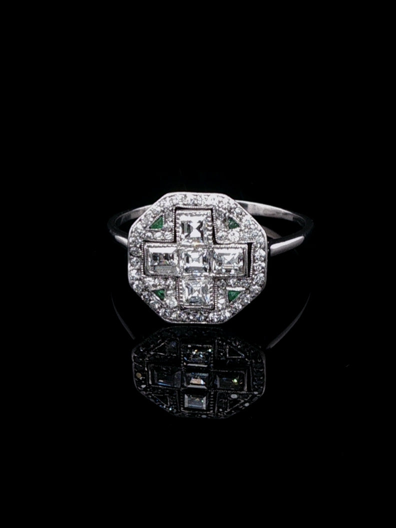 Art Deco Platinum Diamond and Emerald Fancy Cluster Ring, Circa 1925