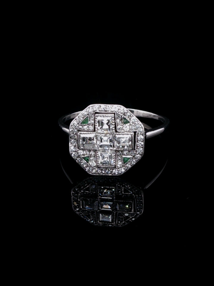 Art Deco Platinum Diamond and Emerald Fancy Cluster Ring, Circa 1925