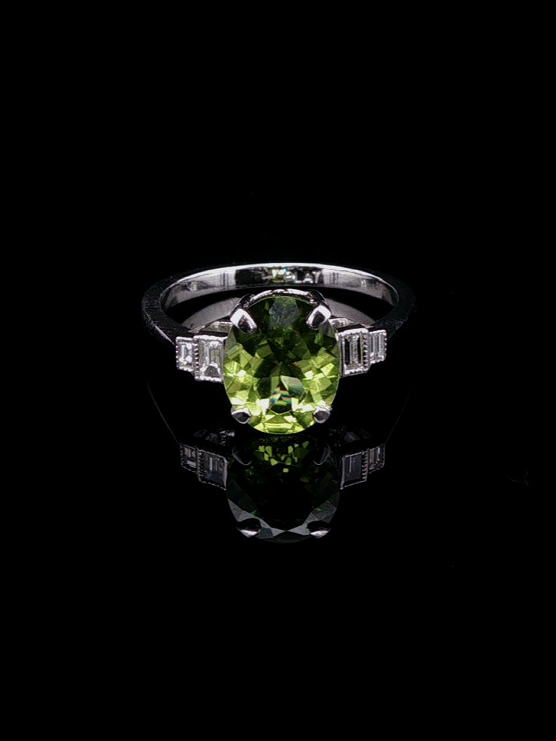 Platinum 2.06ct Peridot and 0.20ct Diamond Five Stone Ring