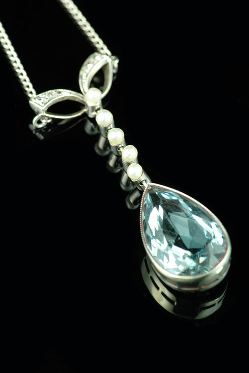 18ct Gold Aquamarine, Pearl and Diamond Pendant Necklace