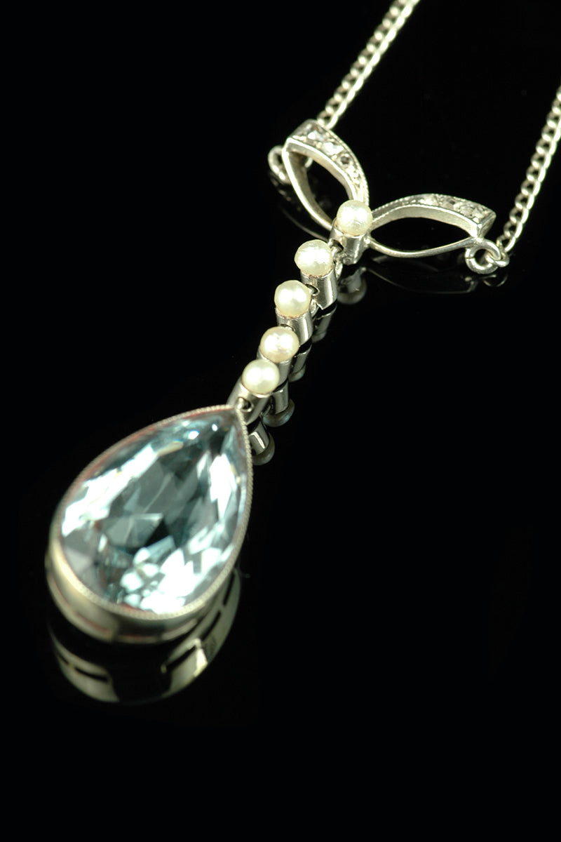 18ct Gold Aquamarine, Pearl and Diamond Pendant Necklace