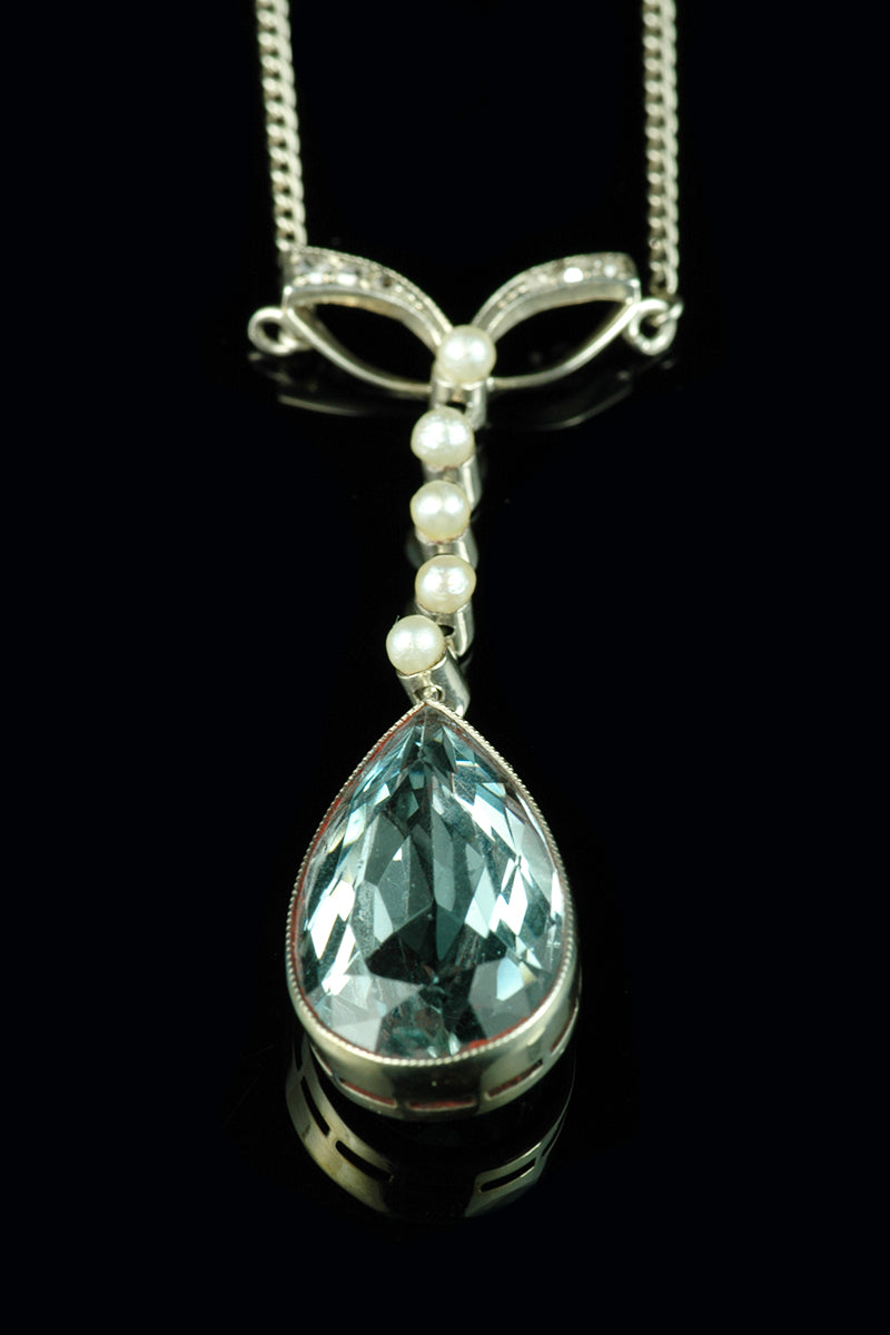 18ct Gold Aquamarine, Pearl and Diamond Pendant Necklace