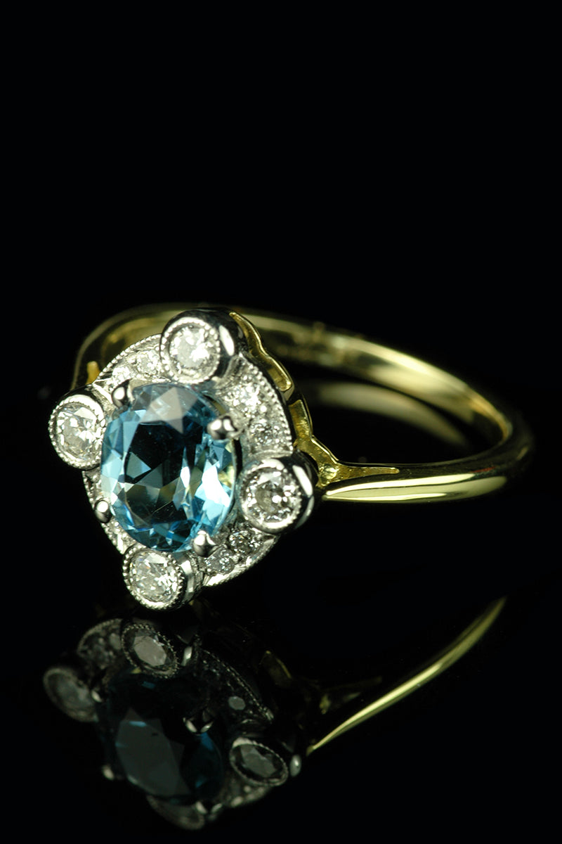 Art Deco Style 18ct Gold 1.03ct Aquamarine and Diamond Cluster Ring