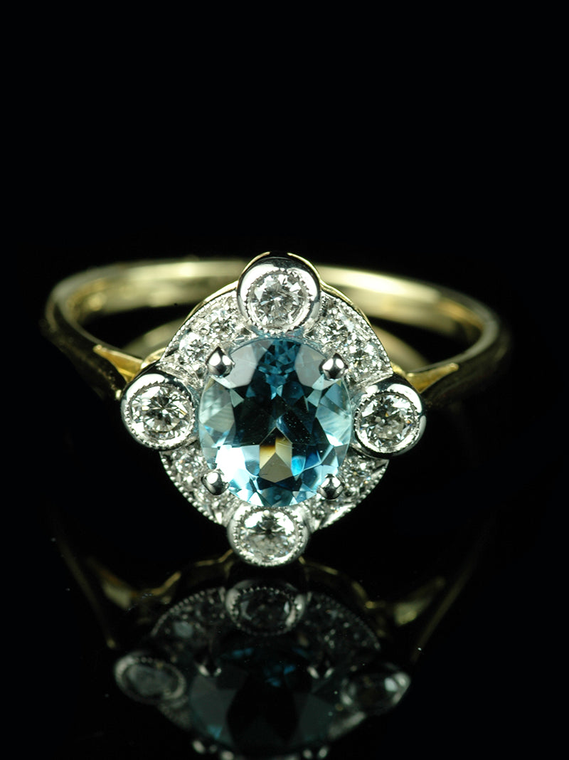 Art Deco Style 18ct Gold 1.03ct Aquamarine and Diamond Cluster Ring