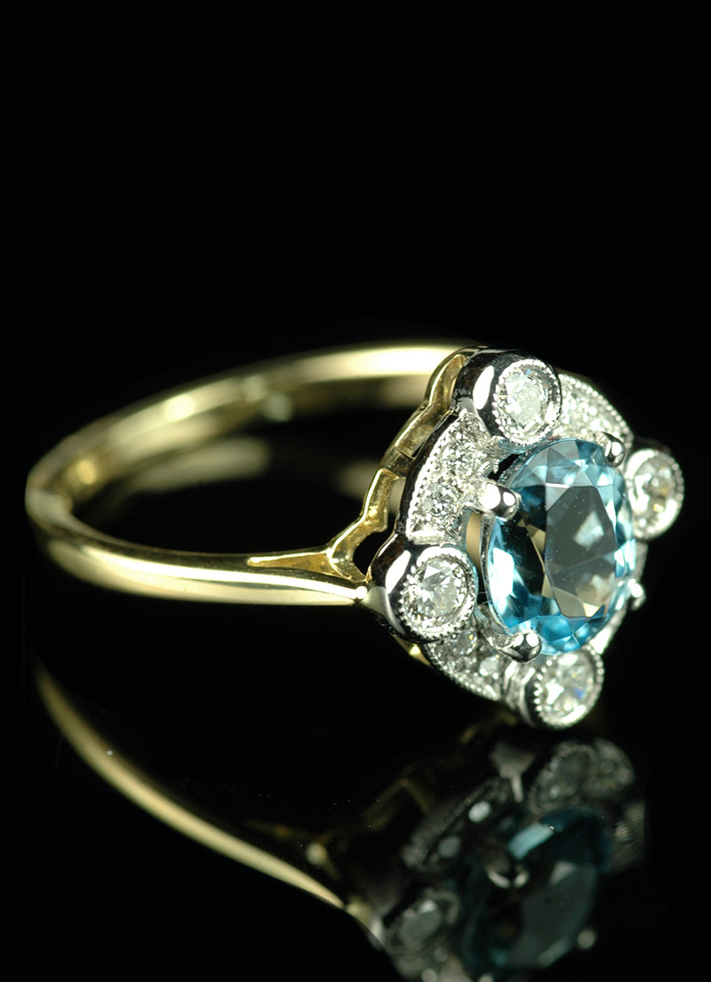 Art Deco Style 18ct Gold 1.03ct Aquamarine and Diamond Cluster Ring