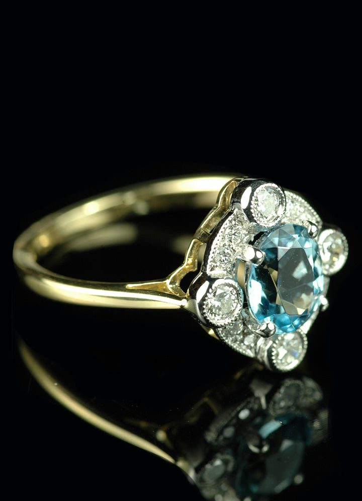 Art Deco Style 18ct Gold 1.03ct Aquamarine and Diamond Cluster Ring
