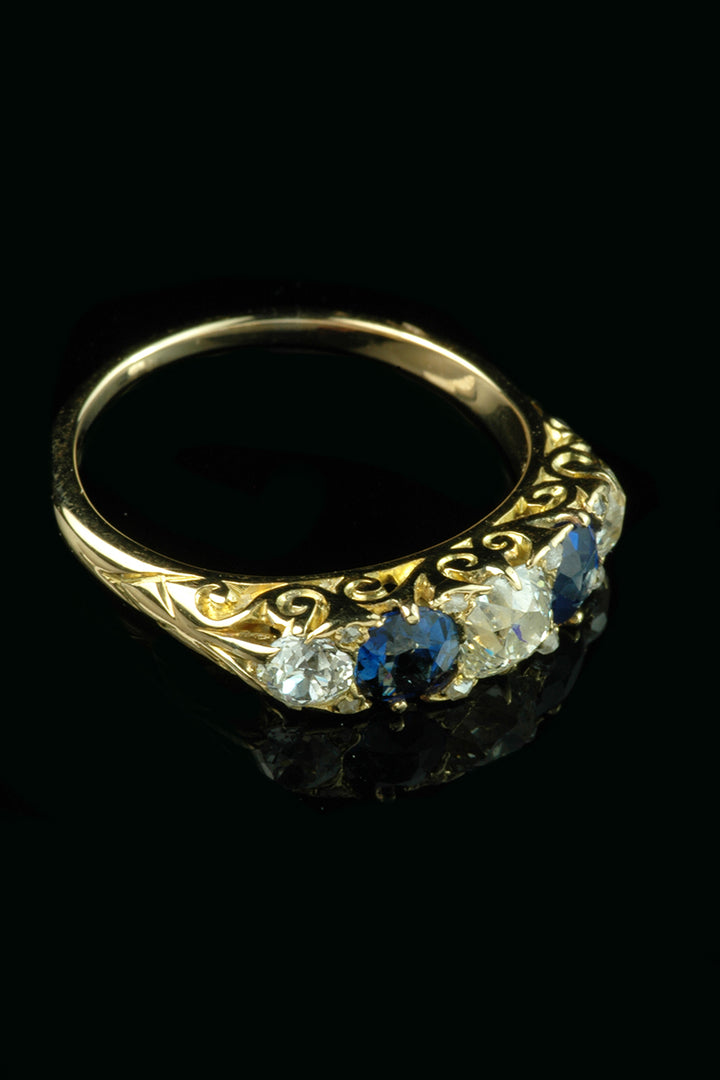 Antique Victorian 18ct Gold Sapphire and Diamond Five Stone Ring