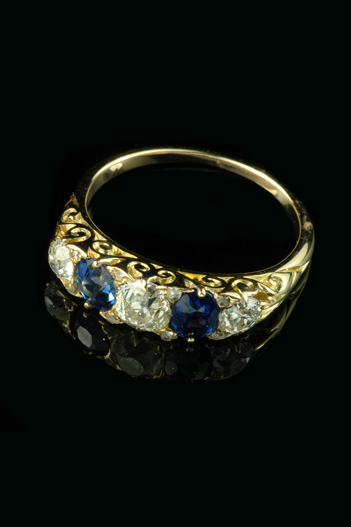 Antique Victorian 18ct Gold Sapphire and Diamond Five Stone Ring