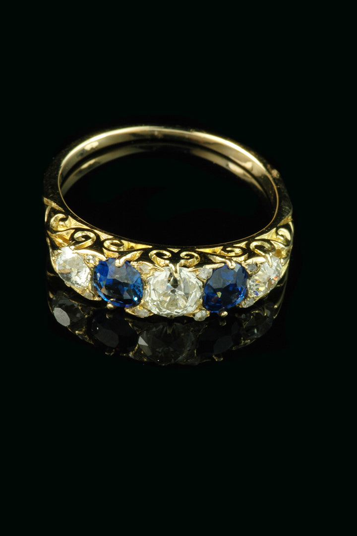 Antique Victorian 18ct Gold Sapphire and Diamond Five Stone Ring