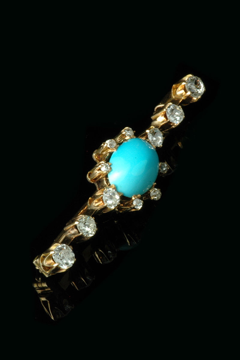 Antique Victorian 14ct Gold Turquoise and 1.50ct Diamond Brooch