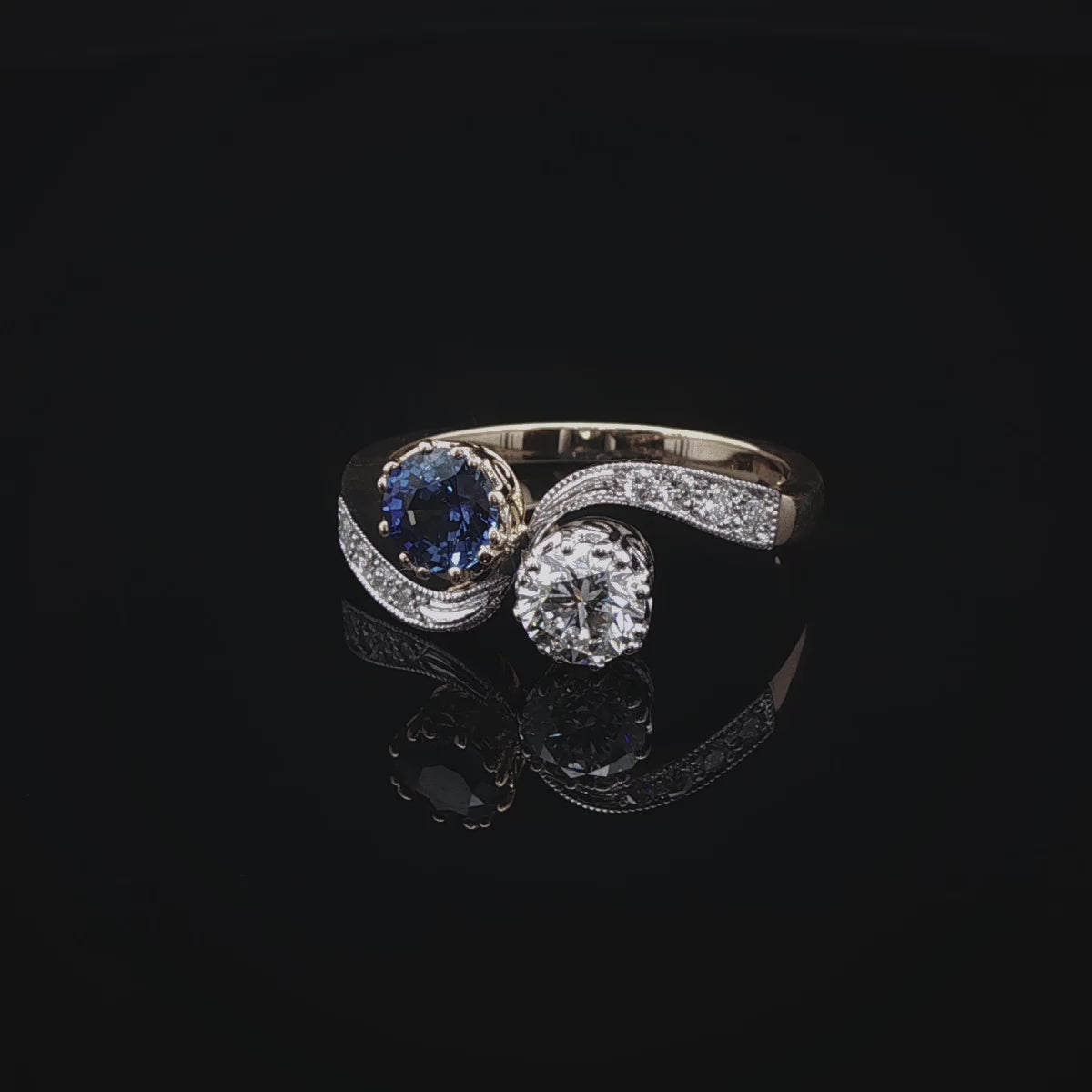 18ct Gold and Platinum 0.58ct Sapphire and 0.50ct Diamond Toi et Moi Crossover Ring