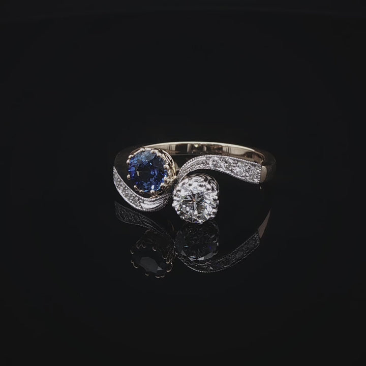 18ct Gold and Platinum 0.58ct Sapphire and 0.50ct Diamond Toi et Moi Crossover Ring