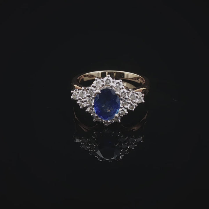Vintage 18ct Yellow Gold Oval 0.75ct Sapphire and 0.90ct Diamond Cluster Ring