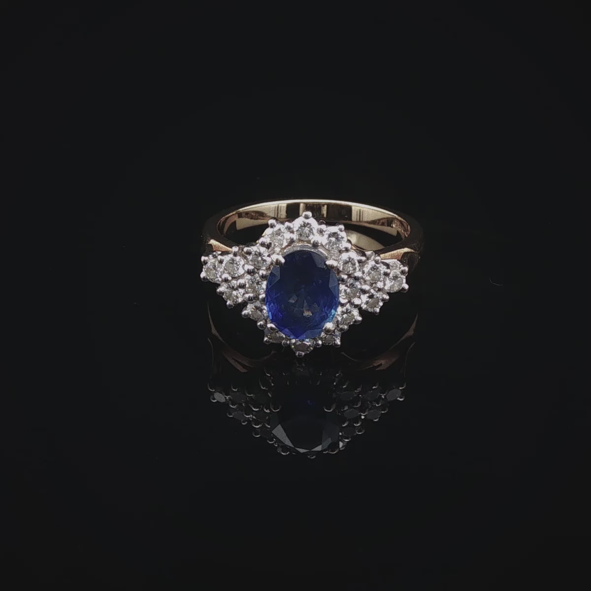 Vintage 18ct Yellow Gold Oval 0.75ct Sapphire and 0.90ct Diamond Cluster Ring