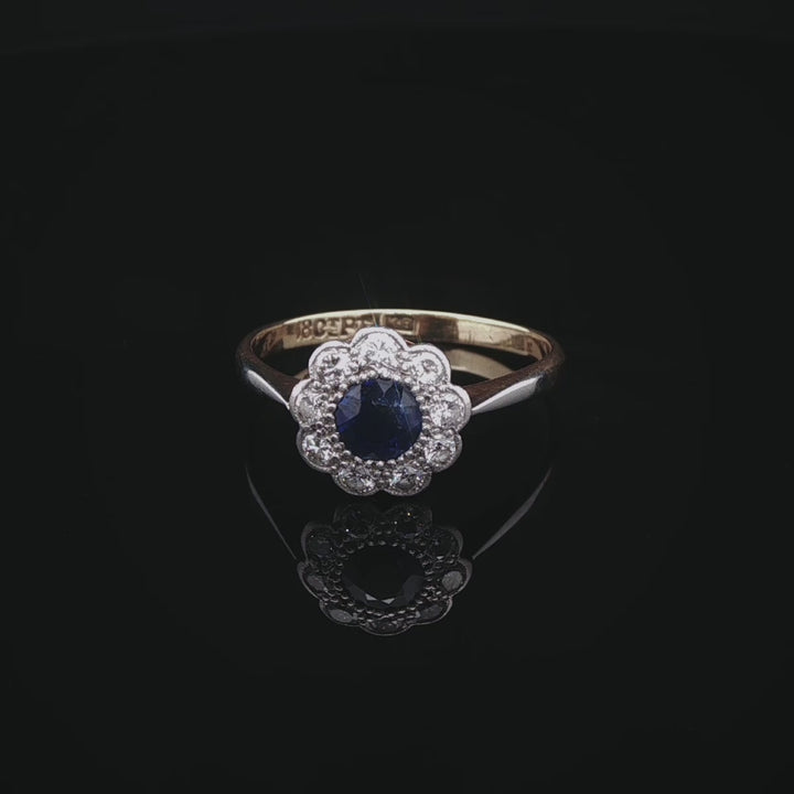 Art Deco 18ct Gold and Platinum Sapphire and Dioamond Cluster Ring, Circa 1935