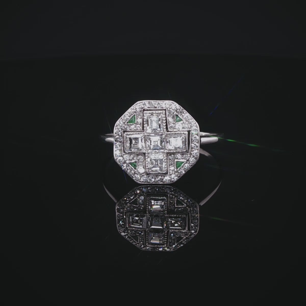Art Deco Platinum Diamond and Emerald Fancy Cluster Ring, Circa 1925