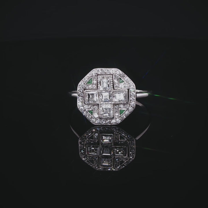 Art Deco Platinum Diamond and Emerald Fancy Cluster Ring, Circa 1925