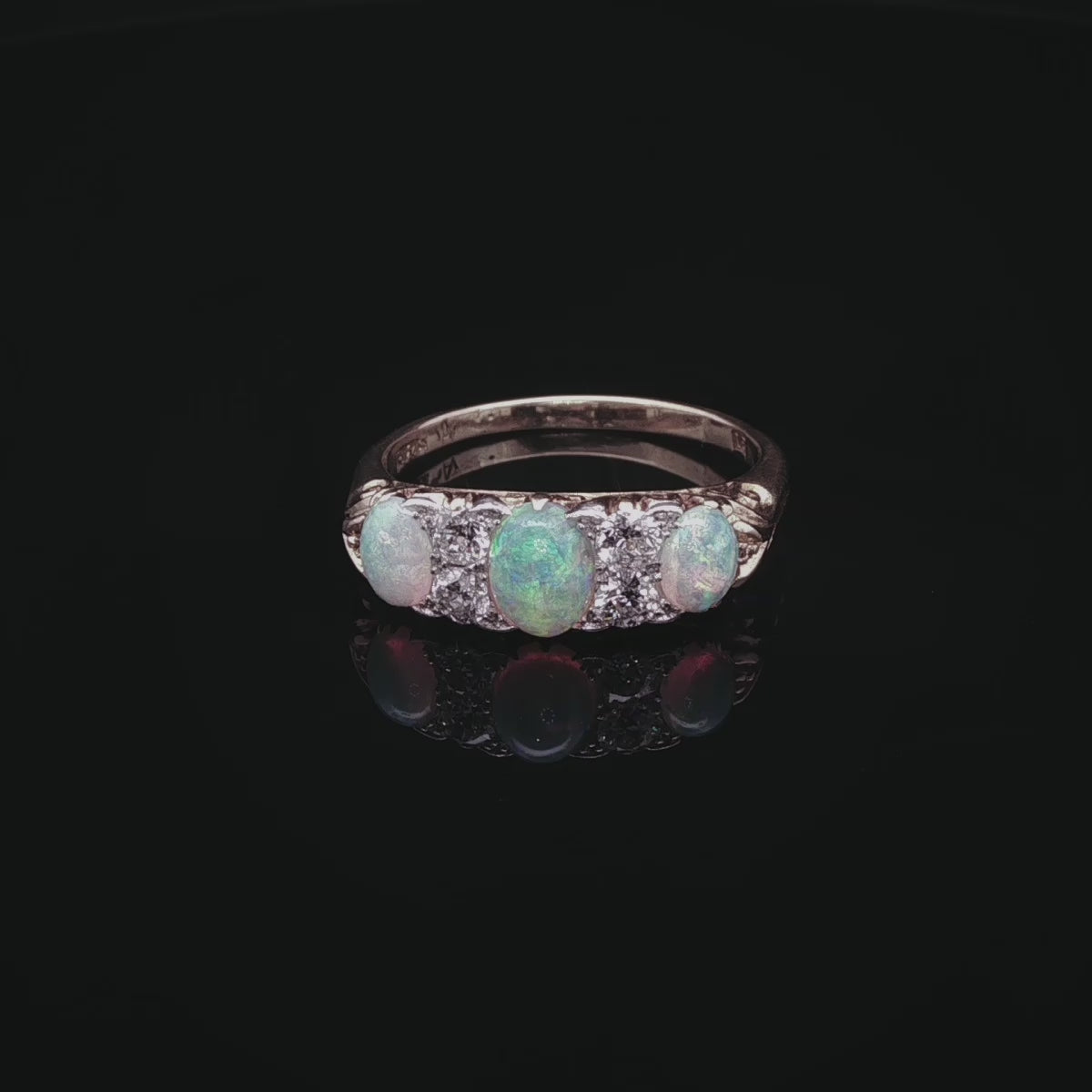 Antique Victorian 18ct Gold Opal and 0.40ct Diamond Carved Gallery Ring, Circa 1870