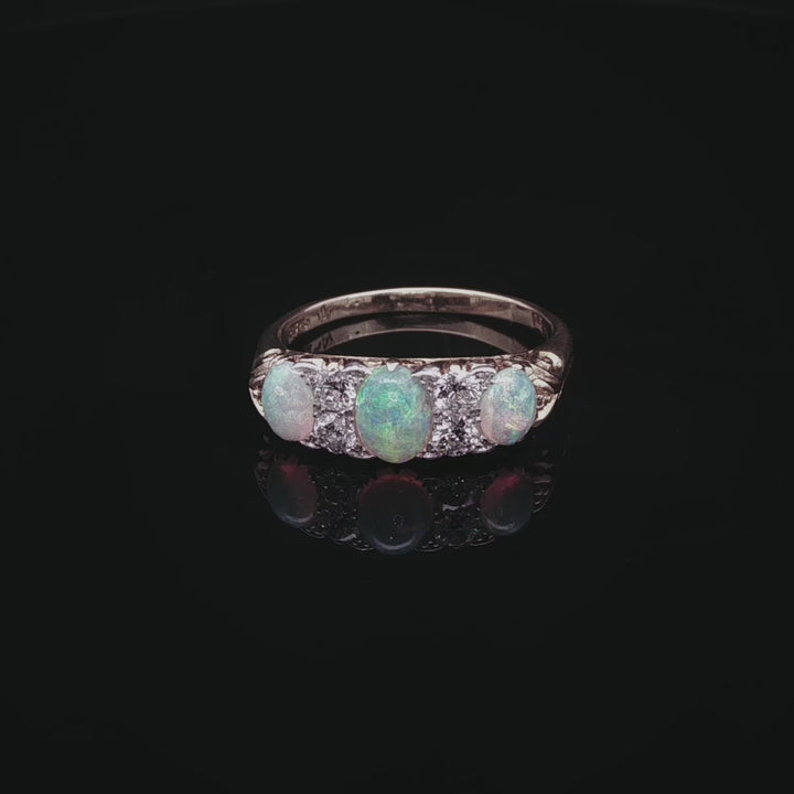 Antique Victorian 18ct Gold Opal and 0.40ct Diamond Carved Gallery Ring, Circa 1870