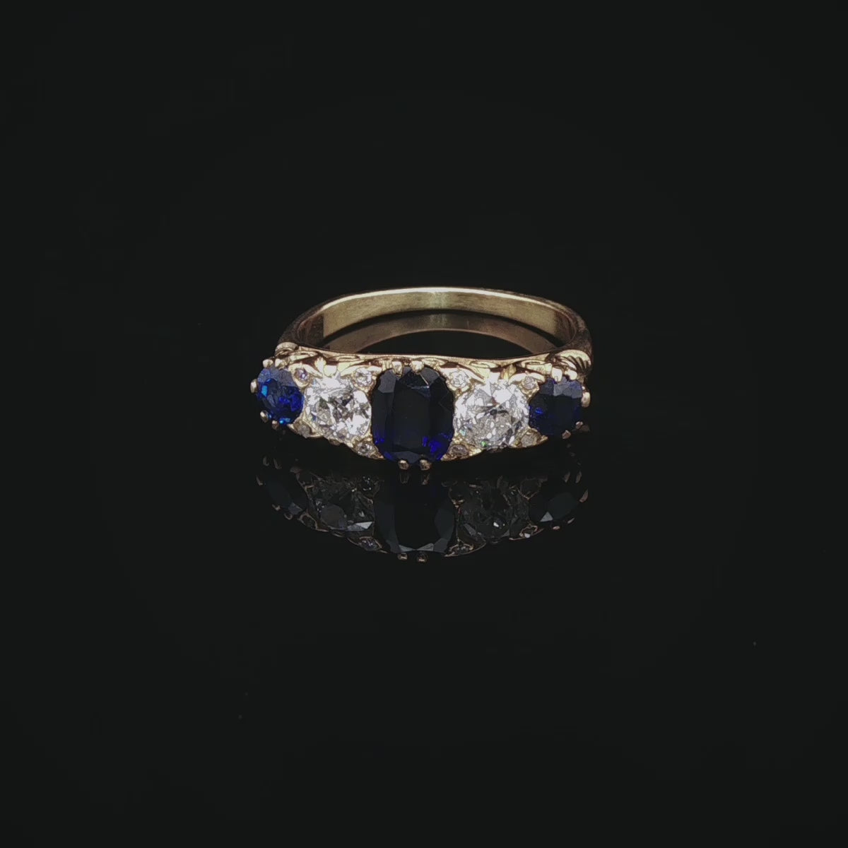 Antique Victorian 18ct Gold Five Stone 0.80ct Sapphire and 0.40ct Diamond Ring, Circa 1875