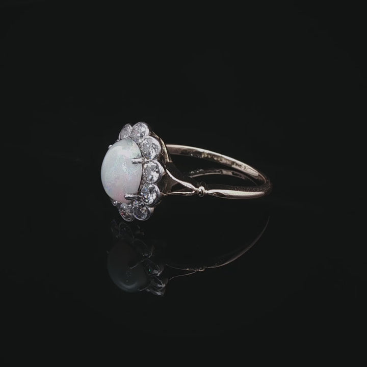 18ct Gold Opal and Old Cut 1.00ct Diamond Cluster Ring