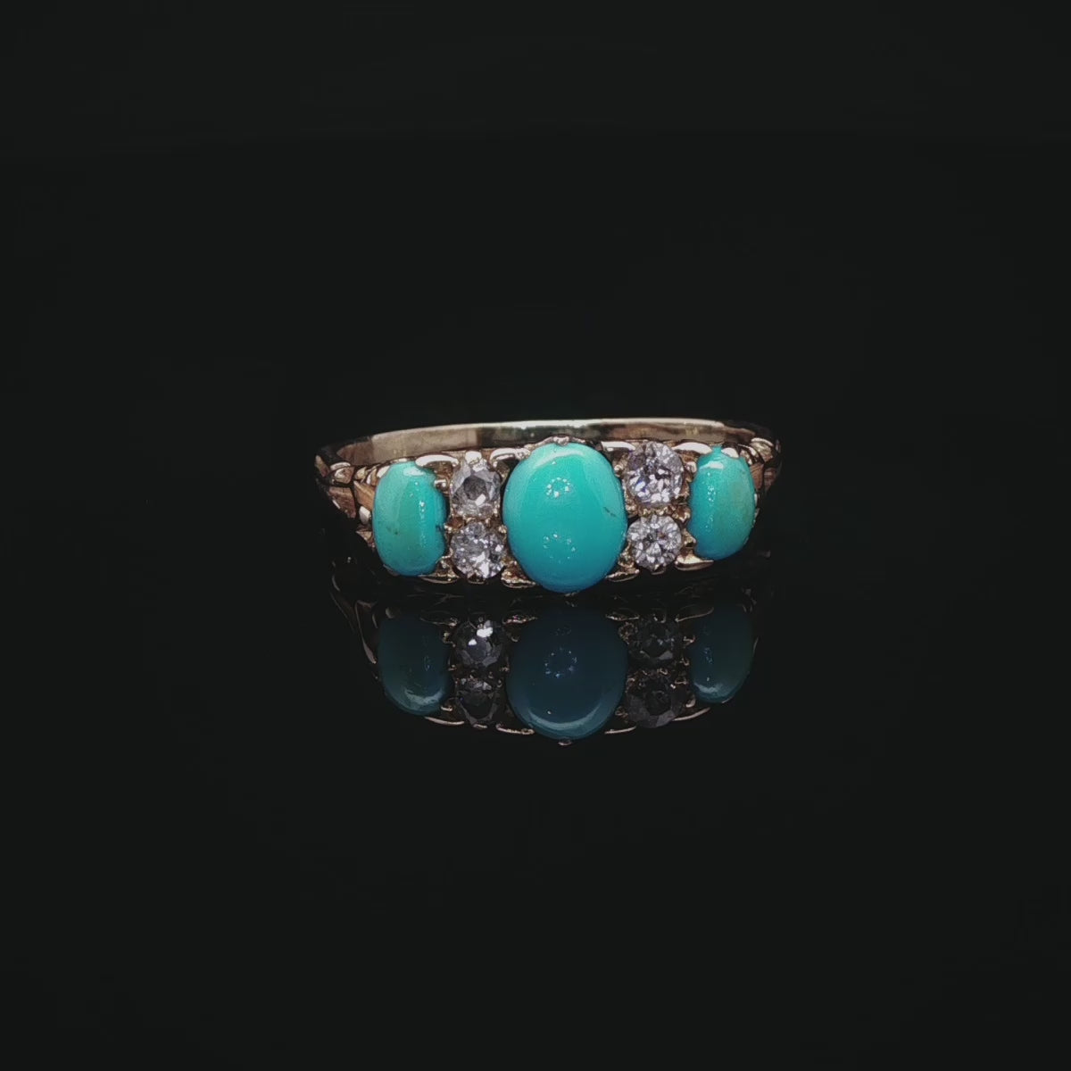 Antique 18ct Yellow Gold Seven Stone Turquoise and Rose Cut Diamond Ring with Carved Gallery