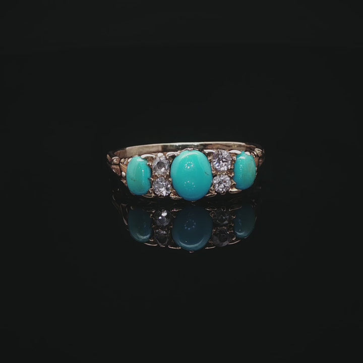 Antique 18ct Yellow Gold Seven Stone Turquoise and Rose Cut Diamond Ring with Carved Gallery