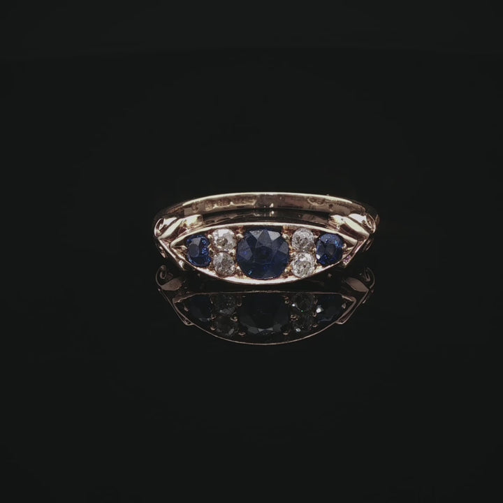 Antique Victorian 18ct Gold Sapphire and Old Cut Diamond Seven Stone Ring