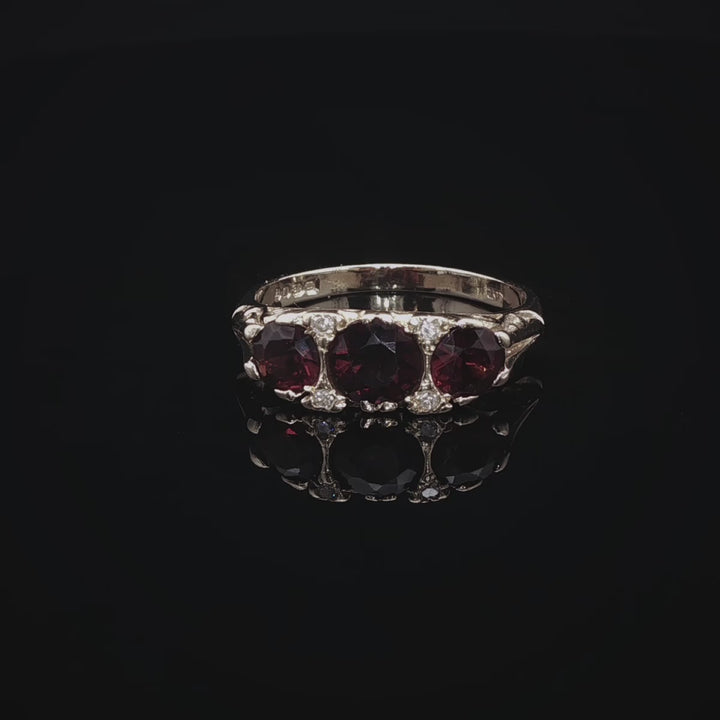 Antique 18ct Yellow Gold Seven Stone Garnet and Diamond Ring with Carved Gallery